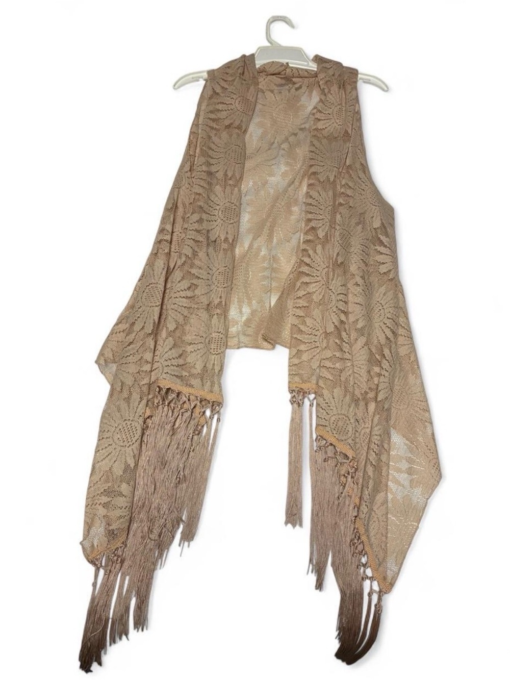Fringed Floral Lace Vest - Tan